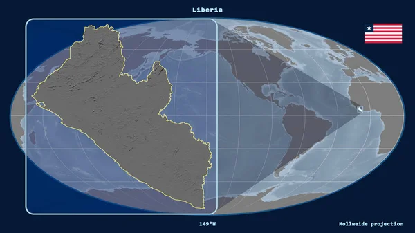 Увеличенный Вид Либерии Перспективными Линиями Против Глобальной Карты Проекции Моллвейда — стоковое фото