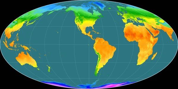 摩尔魏德投影中的世界地图以西经90度为中心 平均年温度图 具有满意性能的栅格原料复合材料 3D插图 — 图库照片
