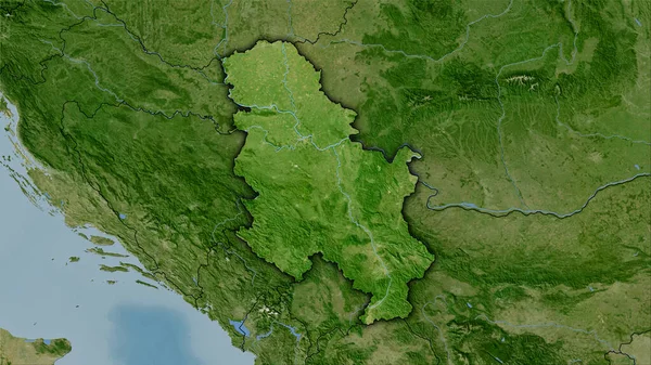衛星Bマップ上のセルビア領域の立体投影 暗い輝線アウトラインを持つラスター層の生の組成 — ストック写真