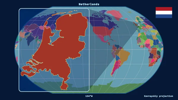 Увеличенный Вид Нидерландов Перспективными Линиями Против Глобальной Карты Каврайской Проекции — стоковое фото