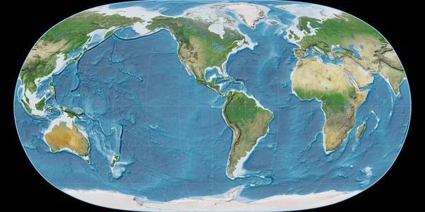 World map in the Natural Earth projection centered on 90 West longitude. Satellite imagery A - raw composite of raster with graticule. 3D illustration