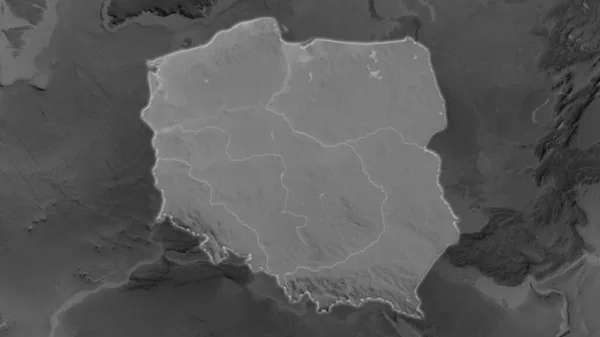 Oblast Polska Zvětšovala Žhnula Tmavém Pozadí Svého Okolí Mapa Nadmořské — Stock fotografie