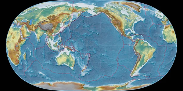 World map in the Natural Earth projection centered on 170 West longitude. Topographic relief map - composite of raster with graticule and tectonic plates borders. 3D illustration