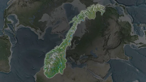 挪威面积扩大了 并在其周围环境的暗淡背景下发亮 卫星图像 — 图库照片