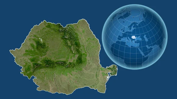 Rumunsko Globe Tvarem Země Proti Zvětšené Mapě Obrysem Izolovaným Modrém — Stock fotografie