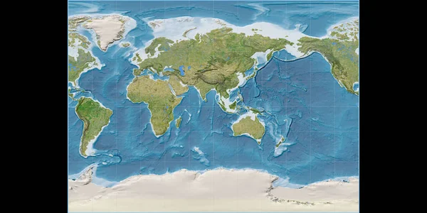 Světová Mapa Millerově Válcové Projekci Soustřeďuje Východní Délky Satelitní Snímky — Stock fotografie
