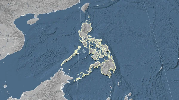 Filippinerna Och Dess Grannskap Avlägset Snedt Perspektiv Form Skisserat Karta — Stockfoto