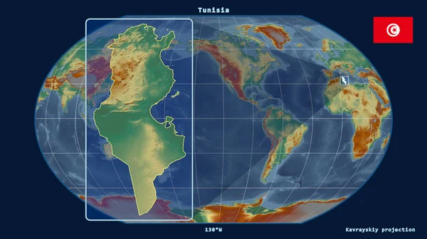 Zoomed View Tunisia Outline Perspective Lines Global Map Kavrayskiy Projection — Stock Photo, Image