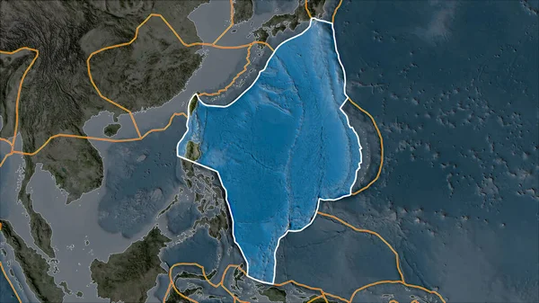 衛星Bマップ上のフィリピン海地殻プレートは その隣接地域の砂漠化によって分離されます ヴァン グリンテンI予測 斜めの変換 — ストック写真