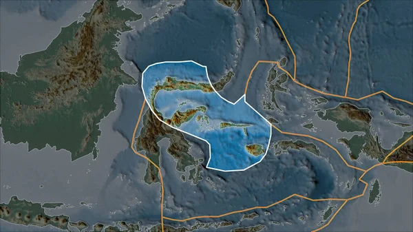 凸起图上突出的Molucca海构造板块因其邻接区的消融而分开 Van Der Grinten I投影 斜变换 — 图库照片