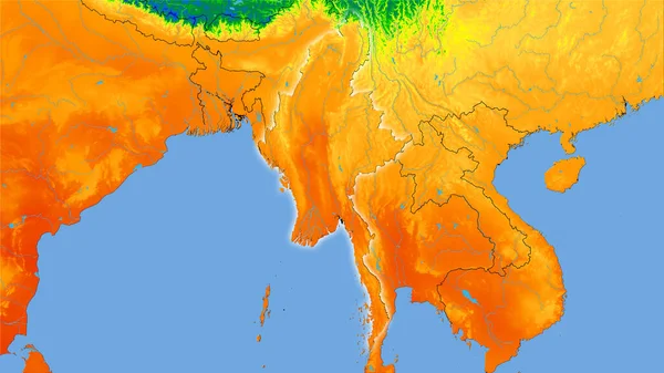 立体投影の年間温度マップ上のミャンマー領域 光輝くアウトラインとラスター層の生の組成 — ストック写真