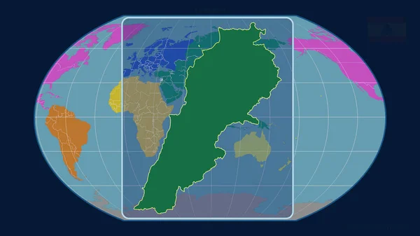 用透视线与Kavrayskiy投影中的全球地图对齐 放大了黎巴嫩的轮廓 形体中心 各大洲的彩色地图 — 图库照片