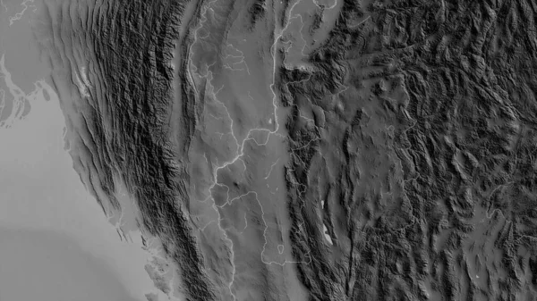 Mandalay Division Myanmar Grayscaled Map Lakes Rivers Shape Outlined Its — Stock Photo, Image