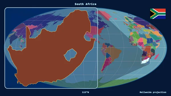 在Mollweide投影中 用透视线与全球地图对齐 放大了南非的轮廓 在左边的形状 行政区划的彩色地图 — 图库照片
