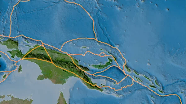 北ビスマルクプレート領域に隣接する領域の衛星Bマップ上の構造プレートの境界 ヴァン グリンテンI予測 斜めの変換 — ストック写真