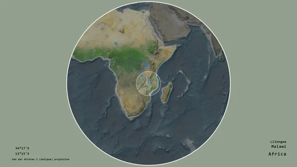 マラウィの地域は 荒廃した背景に対して隔離された大陸の大規模な地図上の円でマークされました 与えられた資本金の地理的条件と名前 衛星画像 — ストック写真