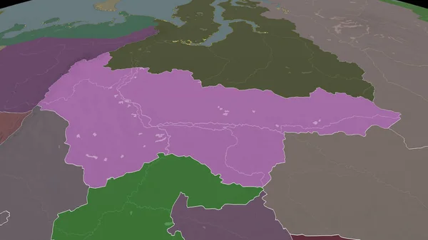 Khanty-Mansiy - autonomous province of Russia zoomed and highlighted. Colored and bumped map of the administrative division. 3D rendering