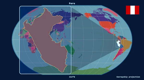 Zoomed Widok Peru Zarys Linii Perspektywy Wobec Globalnej Mapy Projekcji — Zdjęcie stockowe