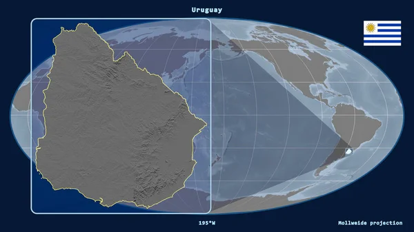 Vergrößerte Ansicht Von Uruguay Mit Perspektivischen Linien Gegen Eine Weltkarte — Stockfoto