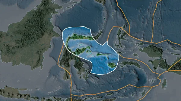 Outlined Molucca Sea Tectonic Plate Topographic Map Separated Desaturation Its — Stock Photo, Image