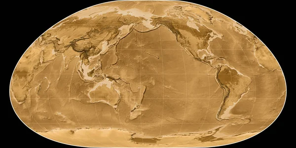 西经170度附近投影的世界地图 塞皮亚着色的高程图 光栅与满意的原始复合材料 3D插图 — 图库照片