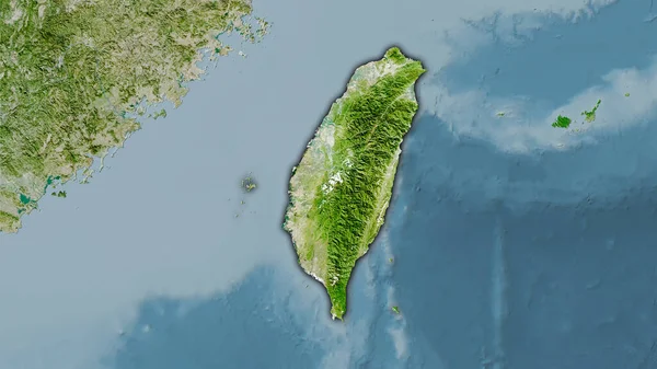 卫星上的台湾地区A图立体投影中的立体投影 具有暗发光轮廓的光栅层的原始成分 — 图库照片