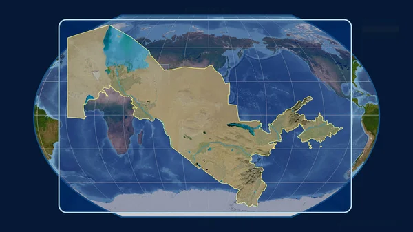 Vista Ampliada Contorno Usbequistão Com Linhas Perspectiva Contra Mapa Global — Fotografia de Stock