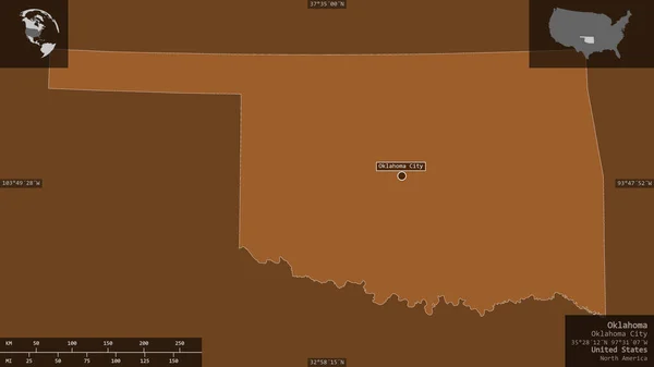 Oklahoma, state of United States. Patterned solids with lakes and rivers. Shape presented against its country area with informative overlays. 3D rendering
