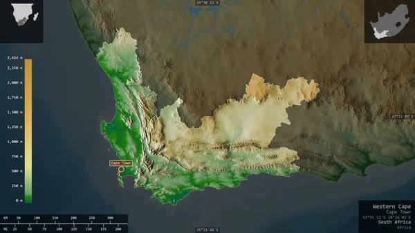 Western Cape, province of South Africa. Colored shader data with lakes and rivers. Shape presented against its country area with informative overlays. 3D rendering