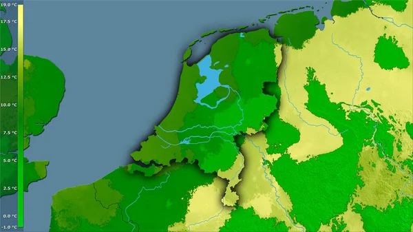 Efsanevi stereografik projeksiyonda Hollanda 'nın en sıcak çeyreğinin ortalama sıcaklığı - koyu parlak dış hatlı raster tabakalarının ham bileşimi
