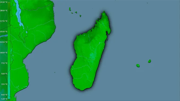 马达加斯加地区内最冷的一个月的最低温度 用图例立体投影 深色发光轮廓的光栅层的原始成分 — 图库照片