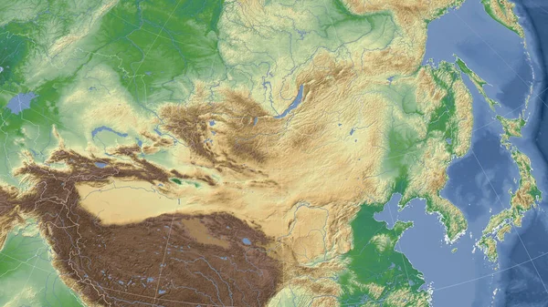 モンゴルとその周辺 遠方斜視 アウトラインなし 色物理図 — ストック写真