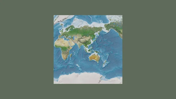 Square frame of the large-scale map of the world in an oblique Van der Grinten projection centered on the territory of Malaysia. Satellite imagery