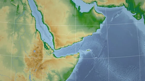 Yemen Mahalle Ülkenin Dış Hatlarıyla Uzak Perspektif Renk Fiziksel Haritası — Stok fotoğraf