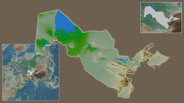 Close-up of Uzbekistan and its location in the region and in the center of a large-scale world map. Color physical map