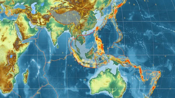 Kavrayskiy投影中的全球地形图上勾勒的Sunda板块 3D渲染 — 图库照片