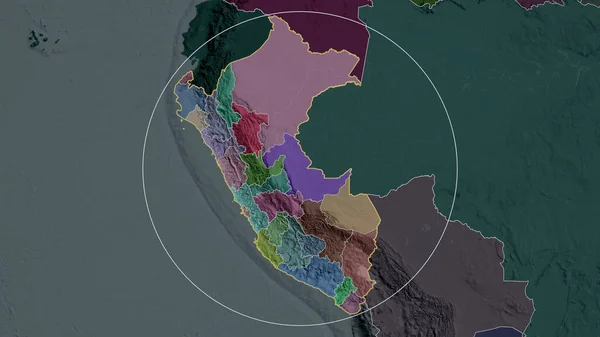 Peru zoomed and circled. Colored and bumped map of the administrative division. 3D rendering