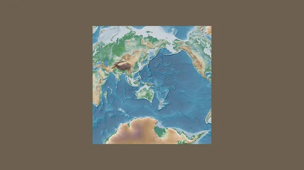 Square frame of the large-scale map of the world in an oblique Van der Grinten projection centered on the territory of Papua. Color physical map