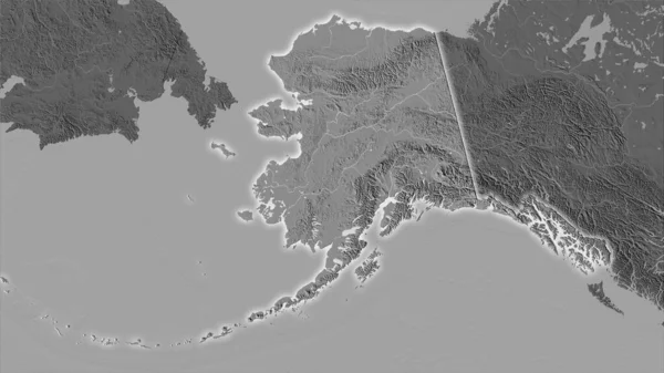 ステレオグラフ投影における二階の標高マップ上の米国アラスカ地域 光輝く輪郭を持つラスター層の生の組成 — ストック写真