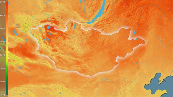具有图例的立体投影中蒙古地区年平均气温变化 具有发光轮廓的光栅层的原始成分 — 图库照片