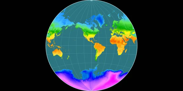 范德林滕投影中的世界地图以西经90度为中心 平均年温度图 具有满意性能的栅格原料复合材料 3D插图 — 图库照片