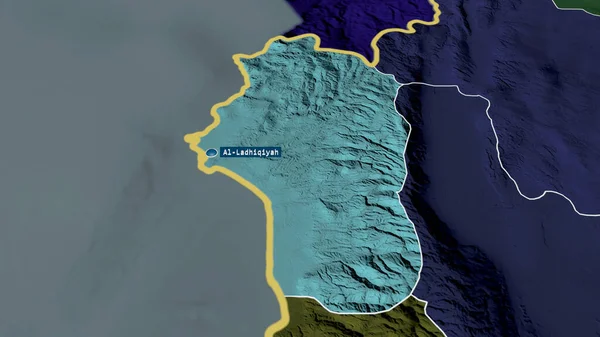 Lattakia - province of Syria zoomed and highlighted with capital. Colored and bumped map of the administrative division. 3D rendering