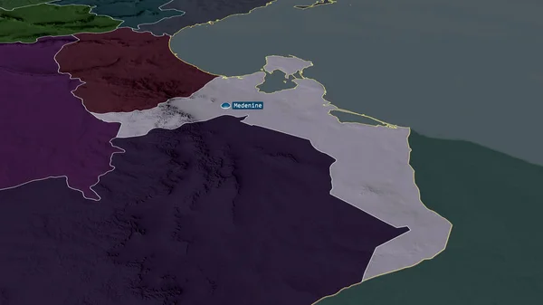 Medenine Gobernación Túnez Acercó Destacó Con Capital Mapa Coloreado Tocado — Foto de Stock