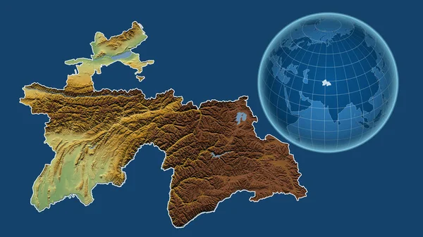 塔吉克斯坦 与缩放地图相对照的国家形状的球体 其轮廓在蓝色背景上孤立 彩色物理图 — 图库照片