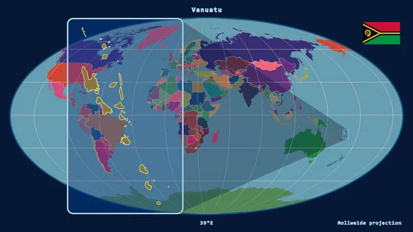 Nagyítás Vanuatu Perspektívákkal Mollweide Kivetítés Globális Térképével Szemben Alakzat Bal — Stock Fotó