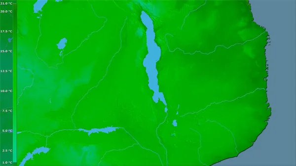 马拉维地区内带有图例的立体投影中最冷的一个月的最低温度 栅层的原始成分 — 图库照片