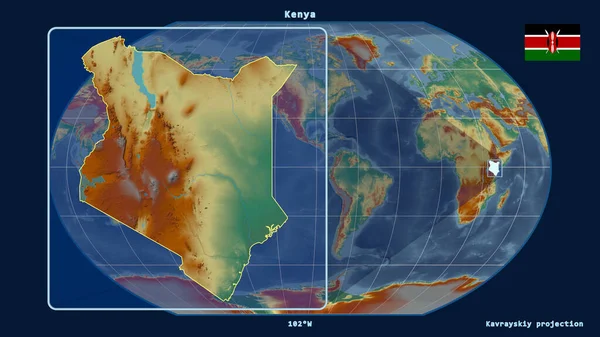 以透视线与Kavrayskiy投影中的全球地图对齐的肯尼亚缩放视图 在左边的形状 地形起伏图 — 图库照片
