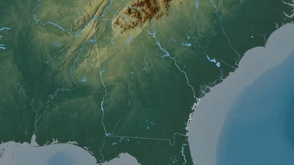 Georgia, state of United States. Colored relief with lakes and rivers. Shape outlined against its country area. 3D rendering