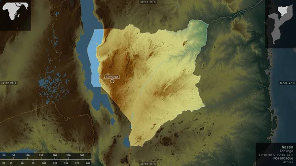 莫桑比克Nassa省 五彩斑斓的湖泊和河流 以信息覆盖的形式呈现在其国家区域上 3D渲染 — 图库照片