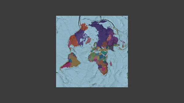 Square frame of the large-scale map of the world in an oblique Van der Grinten projection centered on the territory of Spain. Color map of the administrative division